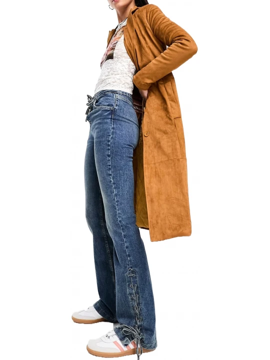 Notch Collar Rust Suede Leather Long Trench Coat