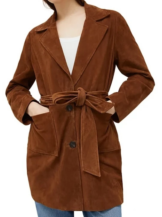 Notched Lapel Rust Suede Leather Long Trench Coat