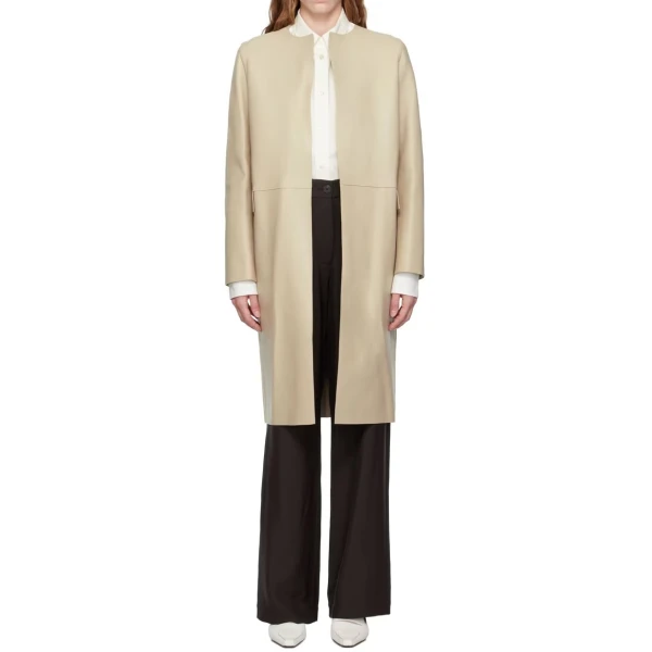 Open Front Beige Leather Long Coat