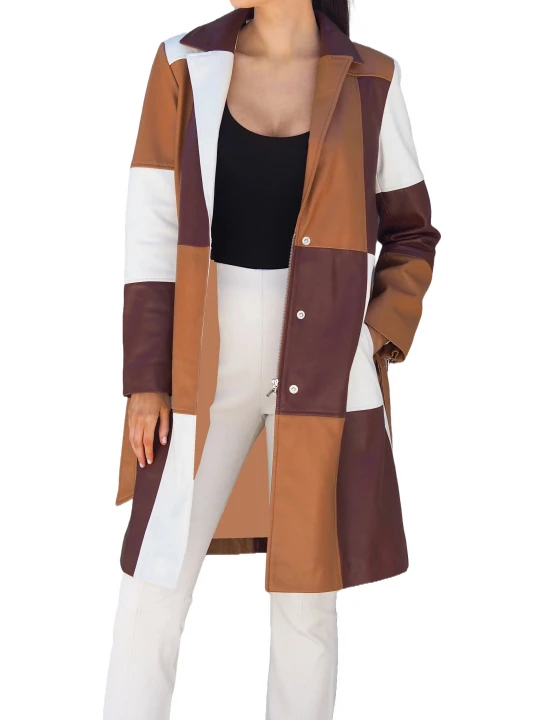 Patched Brown And White Leather Long Coat