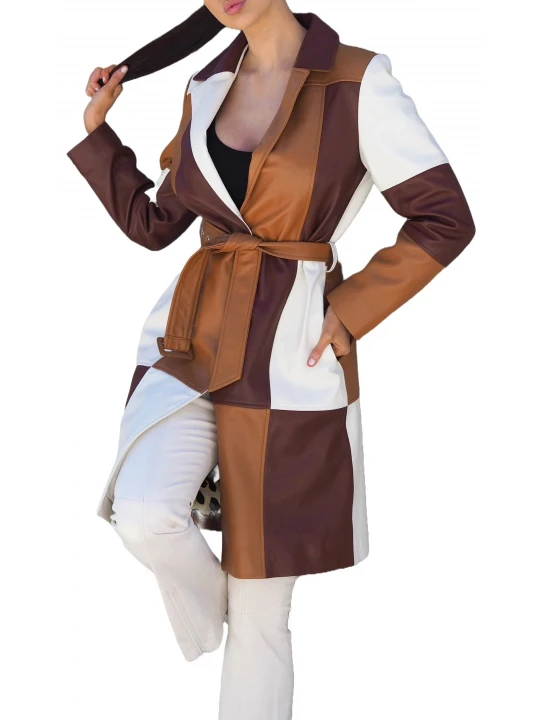 Patched Brown And White Leather Long Coat