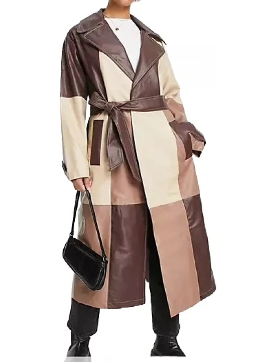 Patched Leather Trench Coat In Brown
