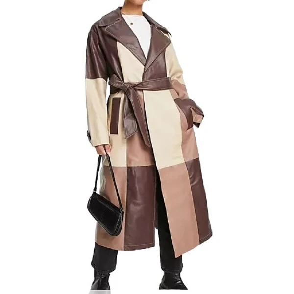 Patched Leather Trench Coat In Brown
