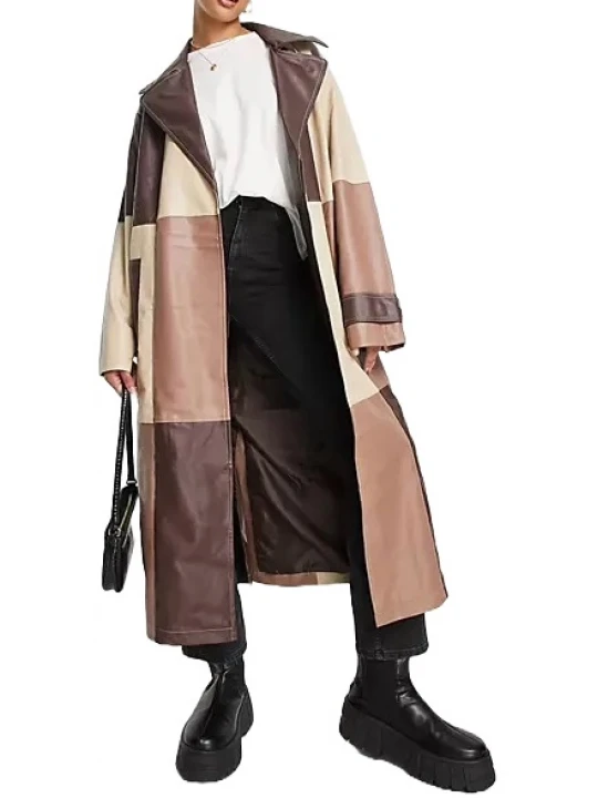 Patched Leather Trench Coat In Brown