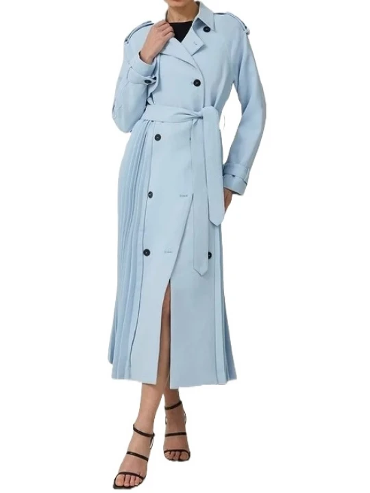Pleat Detail Blue Leather Trench Coat