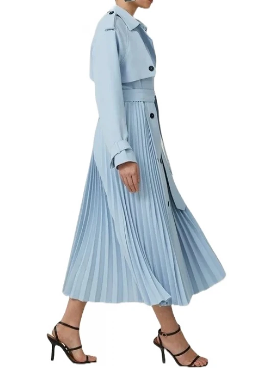 Pleat Detail Blue Leather Trench Coat