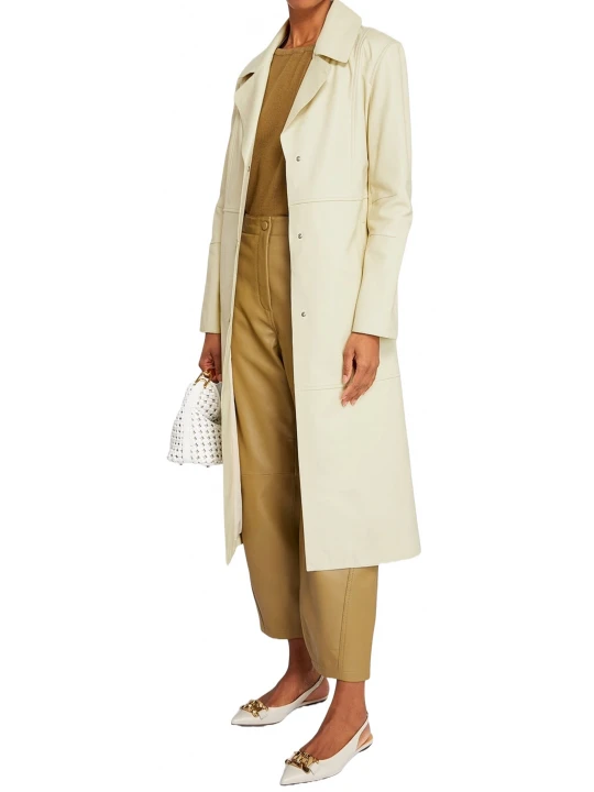 Press Stud Fastening Cream Leather Long Coat