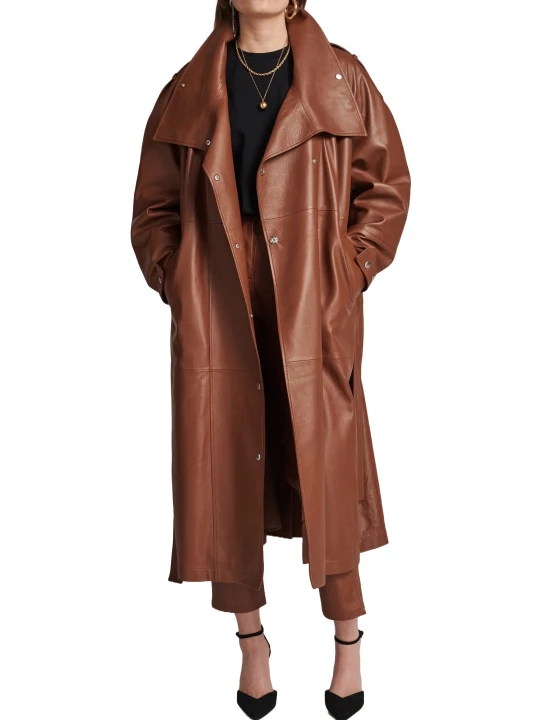 Press Stud Placket Brown Leather Long Overcoat