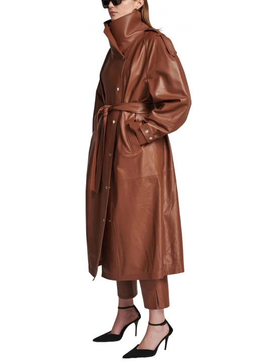 Press Stud Placket Brown Leather Long Overcoat