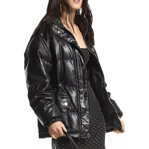 Puffer Black Leather Coat