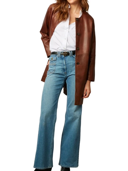 Round Neck Brown Leather Coat