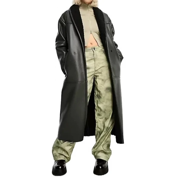 Shawl Lapels Black Leather Long Overcoat