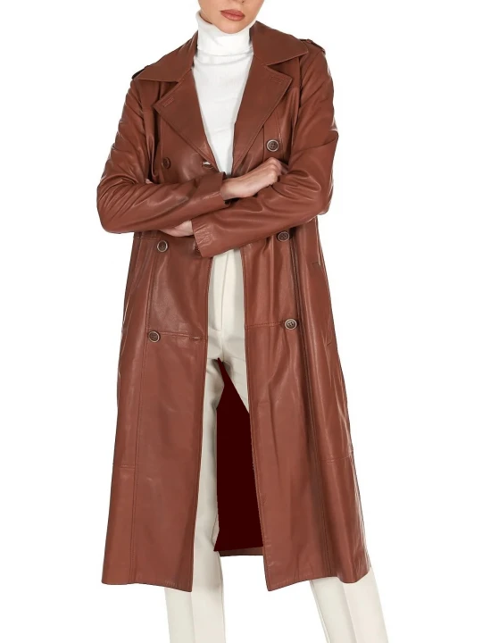 Sides Rips Brown Leather Long Overcoat