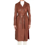 Sides Rips Brown Leather Long Overcoat