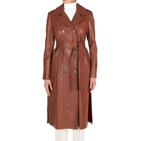 Sides Rips Brown Leather Long Overcoat