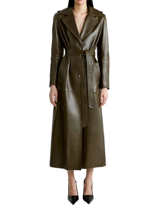 Single Breasted Olive Green Leather Overcoat