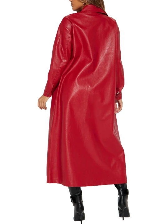 Single Breasted Red Leather Overcoat