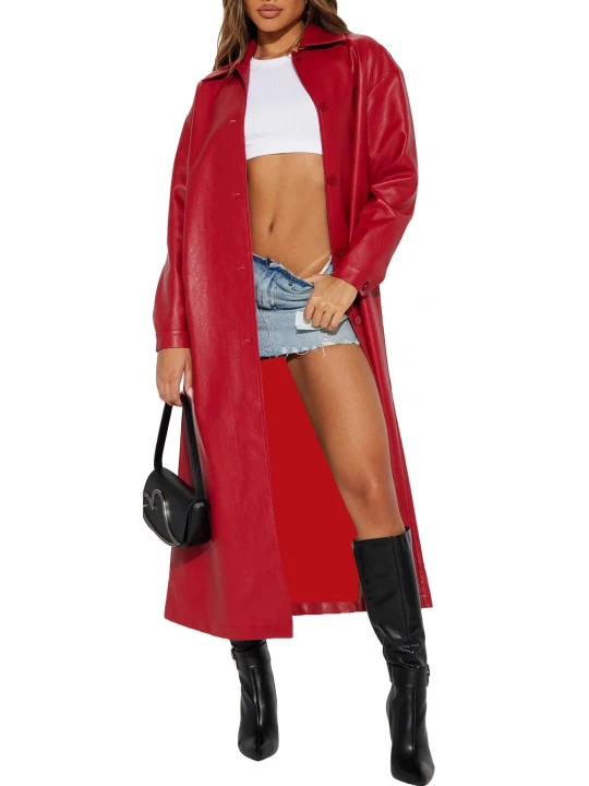 Single Breasted Red Leather Overcoat