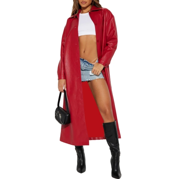 Single Breasted Red Leather Overcoat