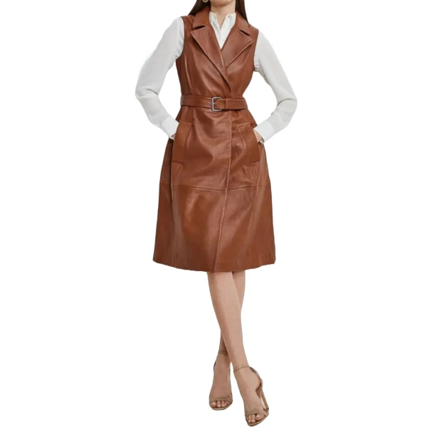 Sleeveless Brown Leather Trench Coat