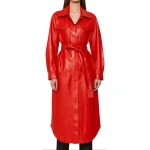 Snap Fastening Red Leather Long Coat