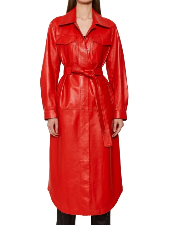 Snap Fastening Red Leather Long Coat