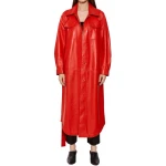 Snap Fastening Red Leather Long Coat