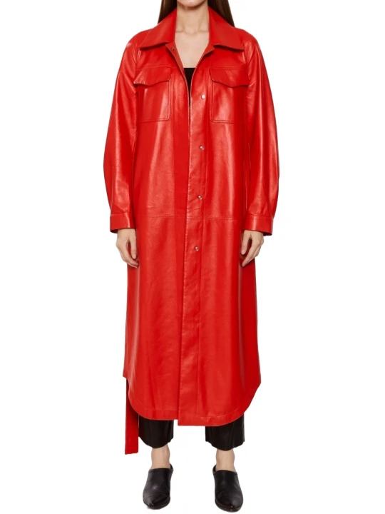 Snap Fastening Red Leather Long Coat
