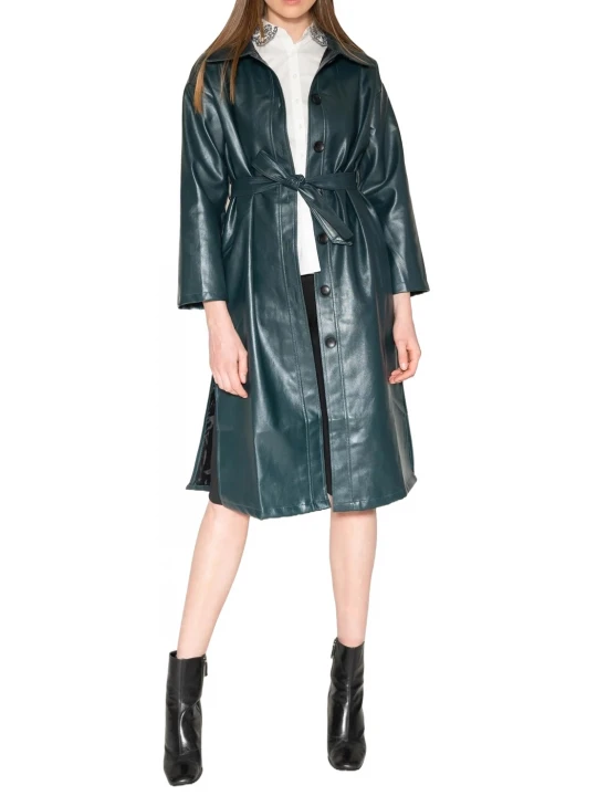 Spread Collar Green Leather Trench Coat