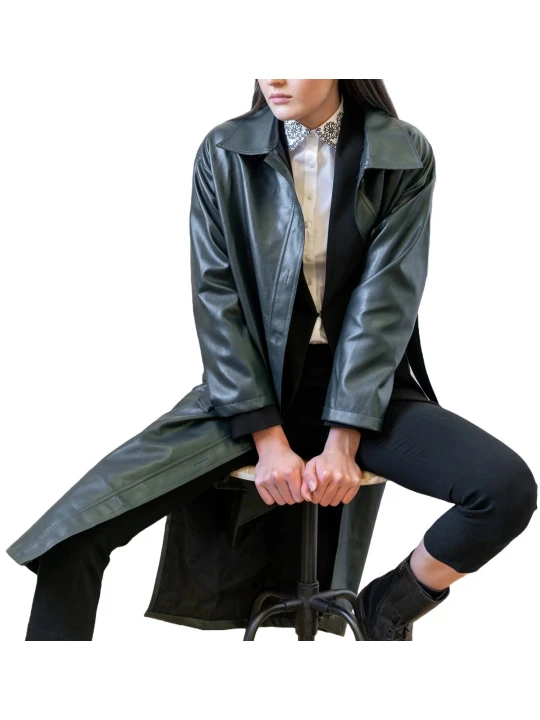 Spread Collar Green Leather Trench Coat
