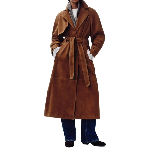 Storm Flap Camel Suede Leather Long Trench Coat