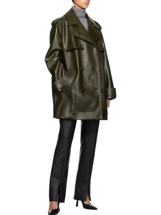 Storm Flap Detailing Black Leather Long Coat