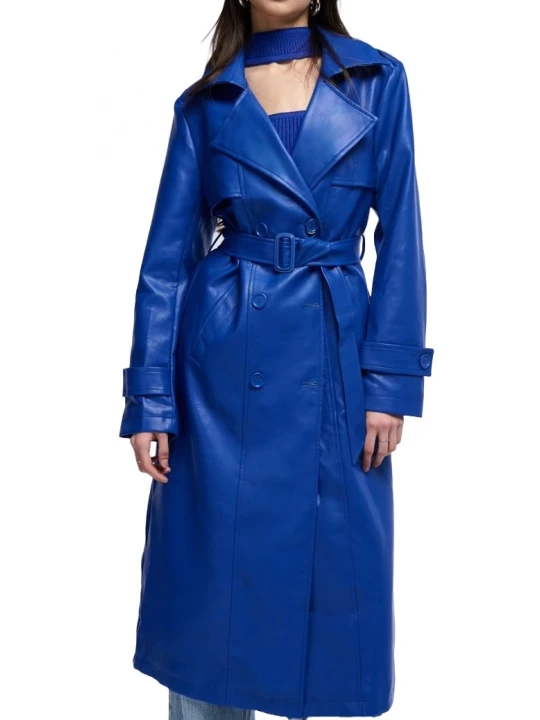 Storm Flap Detailing Blue Leather Long Coat