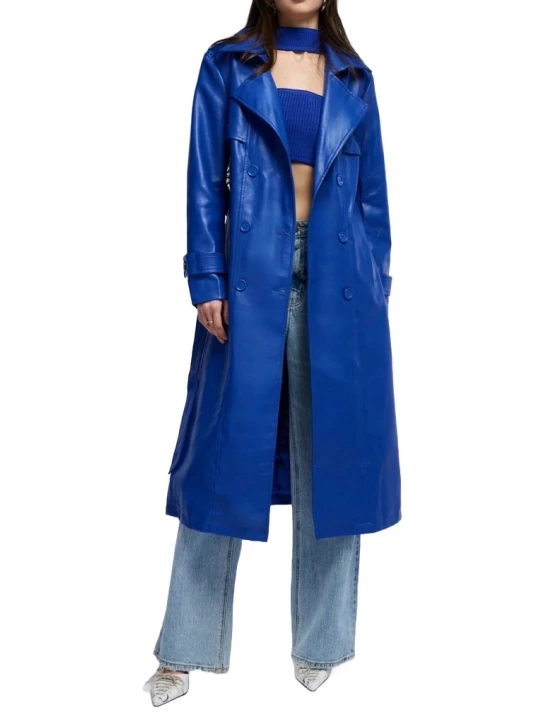 Storm Flap Detailing Blue Leather Long Coat
