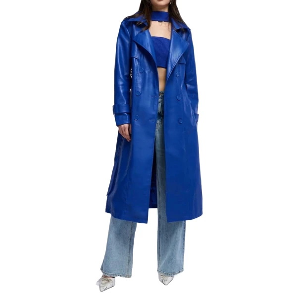 Storm Flap Detailing Blue Leather Long Coat