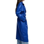 Storm Flap Detailing Blue Leather Long Coat