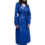 Storm Flap Detailing Blue Leather Long Coat