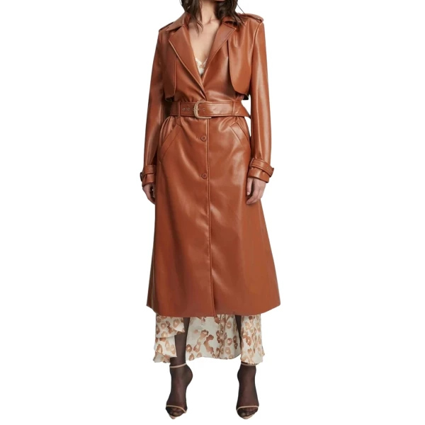Storm Flap Detailing Cognac Leather Long Coat