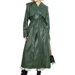 Storm Flap Detailing Green Leather Long Coat