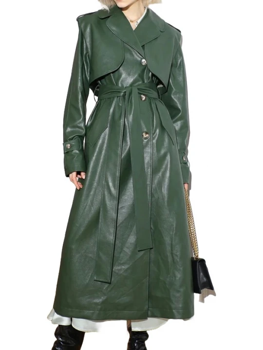 Storm Flap Detailing Green Leather Long Coat