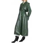 Storm Flap Detailing Green Leather Long Coat