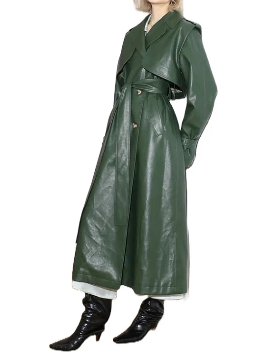 Storm Flap Detailing Green Leather Long Coat