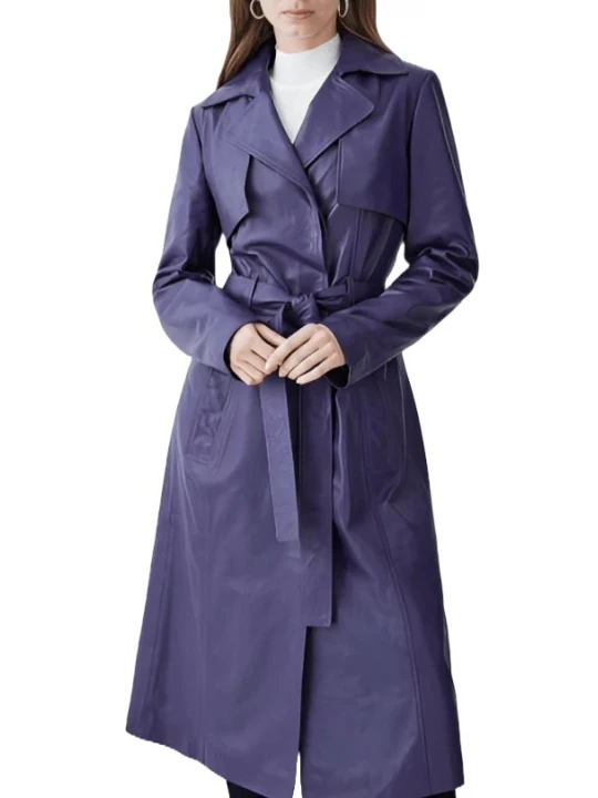 Storm Flap Detailing Navy Blue Leather Long Coat