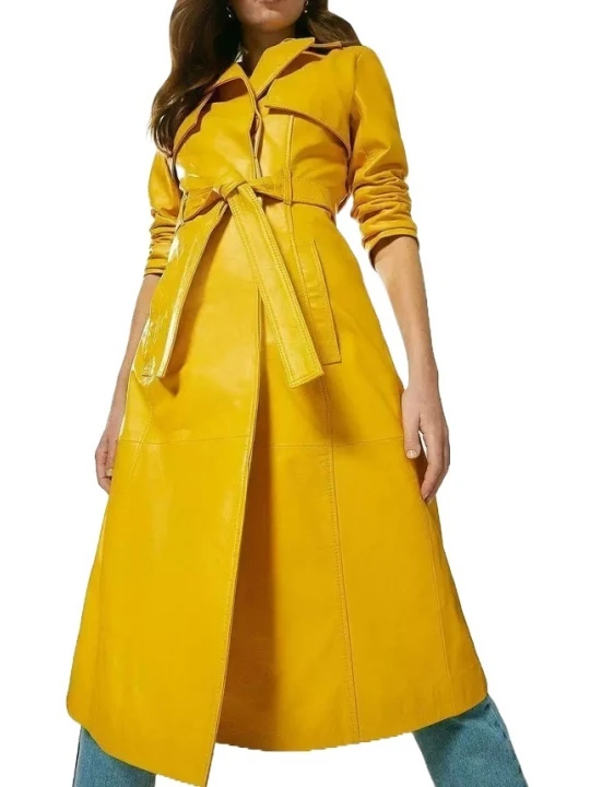 Storm Flap Detailing Yellow Leather Long Coat