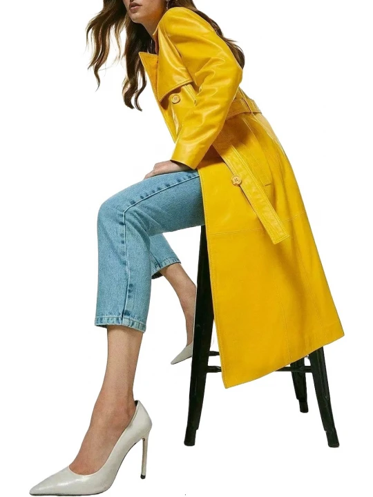 Storm Flap Detailing Yellow Leather Long Coat