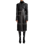 Studs Detailing Black Leather Long Coat