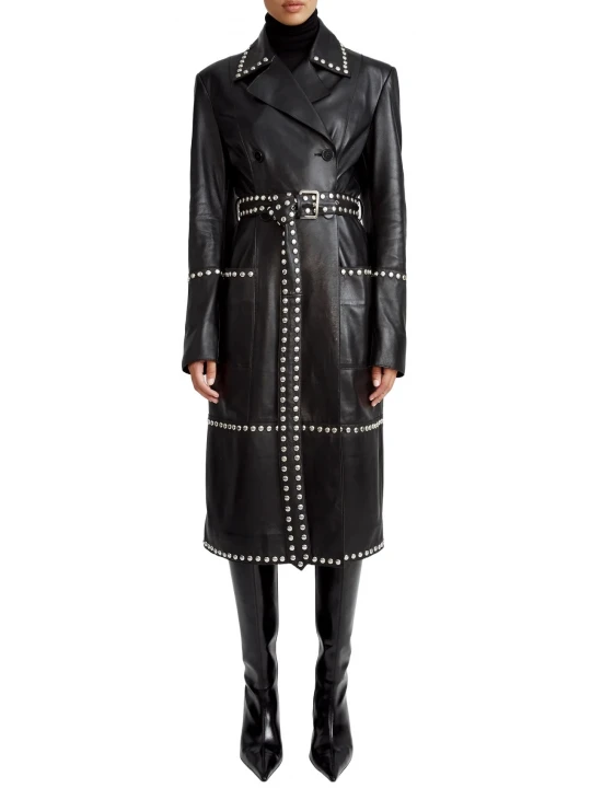 Studs Detailing Black Leather Long Coat