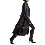 Studs Detailing Black Leather Long Coat