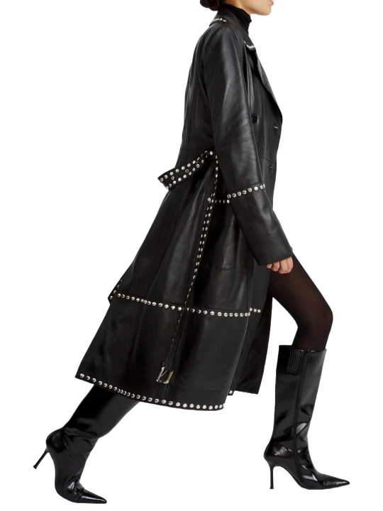 Studs Detailing Black Leather Long Coat