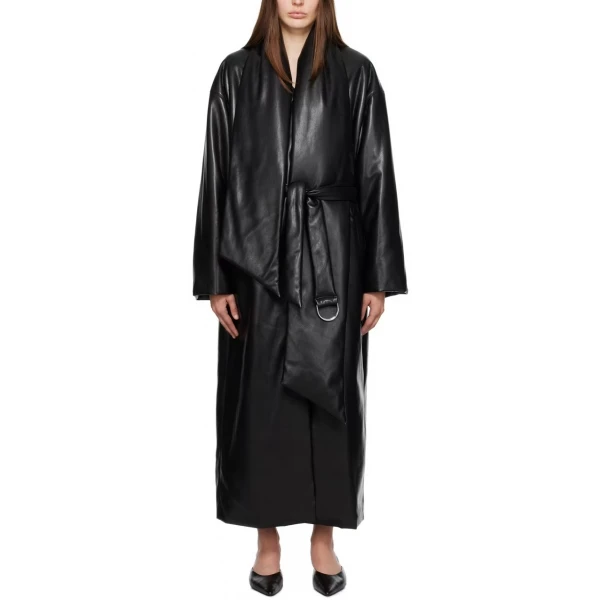 V Neck With Removable  Scarf Black Leather Long Coat